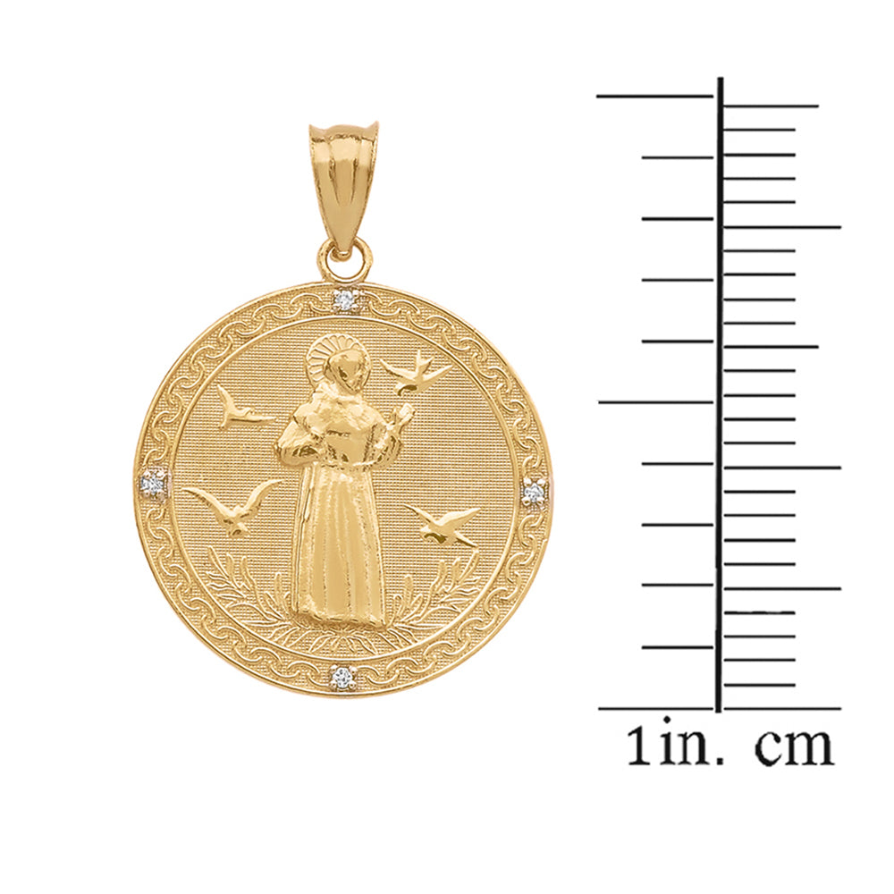 Gold Saint Francis of Assisi Circle Engravable Medallion Diamond Pendant Necklace (Small), view 7
