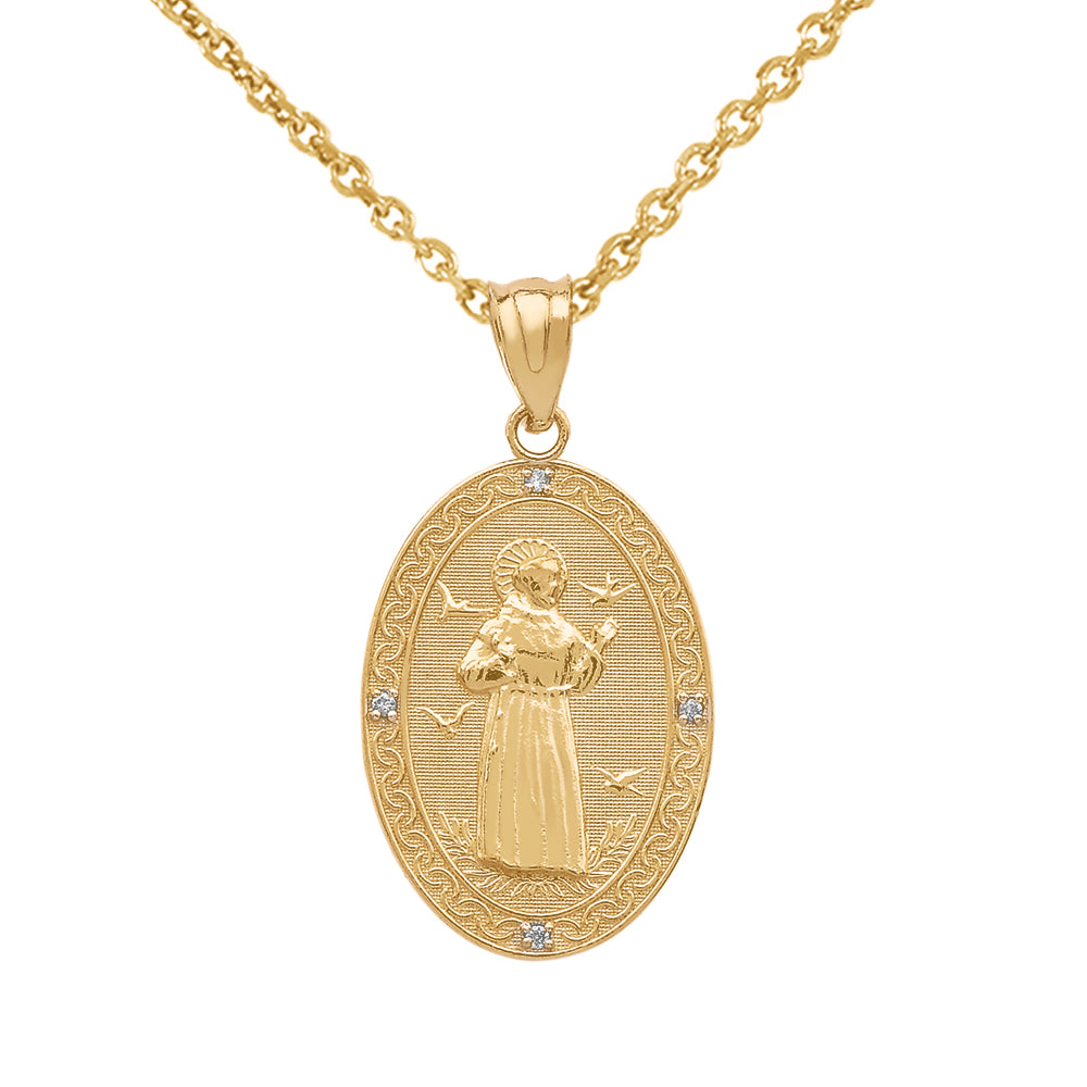 Gold Saint Francis of Assisi Oval Engravable Medallion Diamond Pendant Necklace (Small)