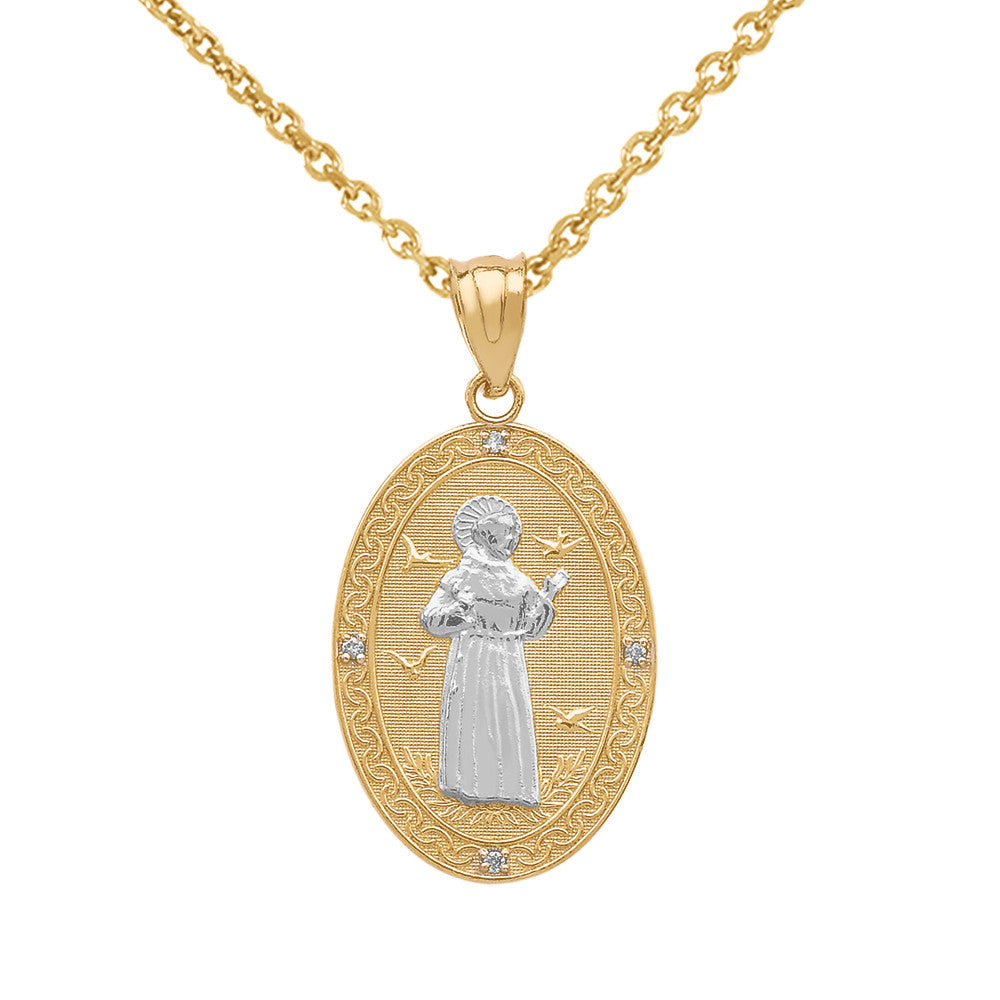 Gold Saint Francis of Assisi Oval Engravable Medallion Diamond Pendant Necklace (Small), view 2