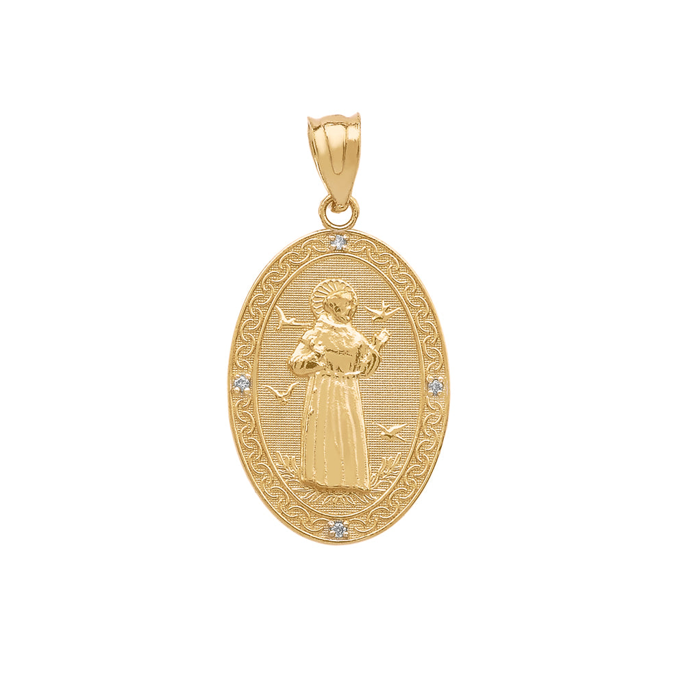 Gold Saint Francis of Assisi Oval Engravable Medallion Diamond Pendant Necklace (Small), view 3