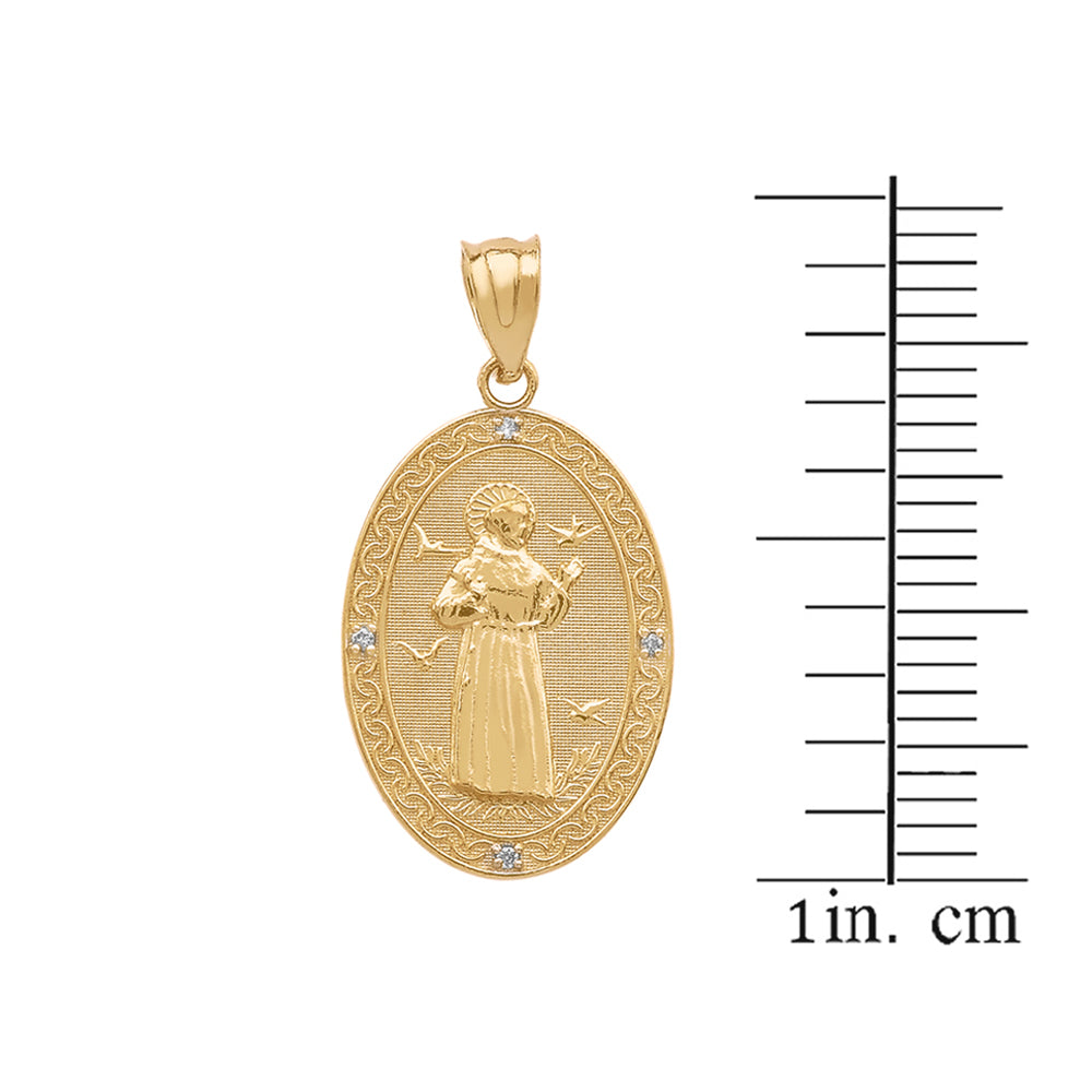 Gold Saint Francis of Assisi Oval Engravable Medallion Diamond Pendant Necklace (Small), view 4