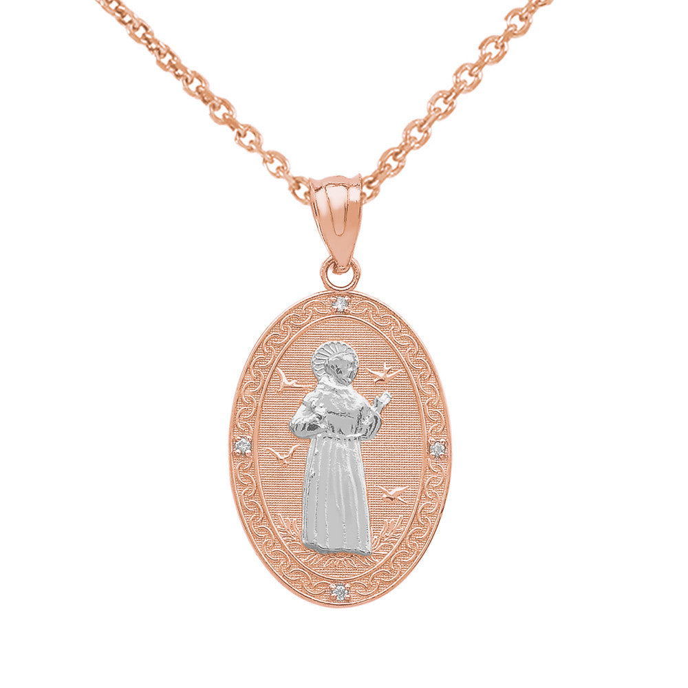 Gold Saint Francis of Assisi Oval Engravable Medallion Diamond Pendant Necklace (Small), view 5