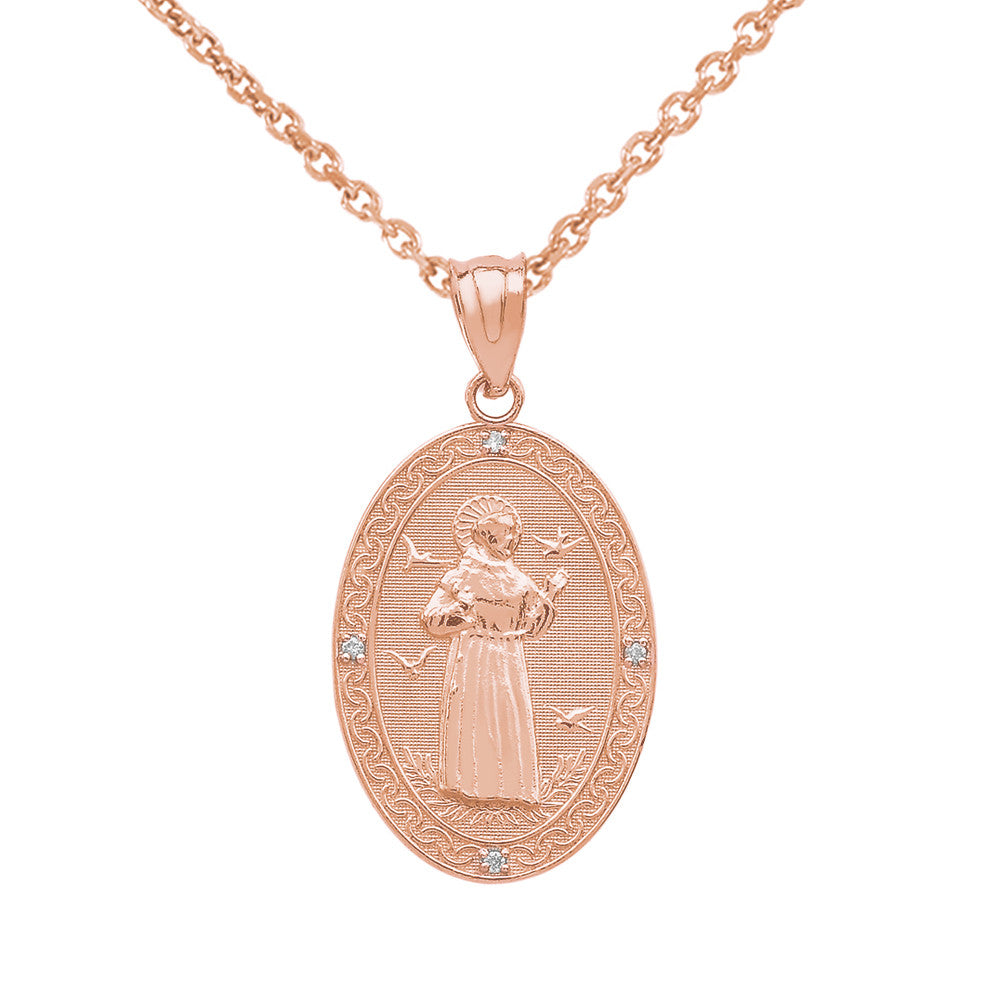 Gold Saint Francis of Assisi Oval Engravable Medallion Diamond Pendant Necklace (Small), view 6