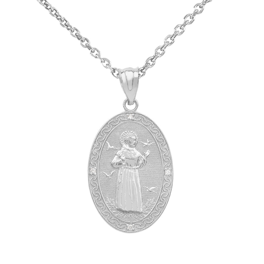 Gold Saint Francis of Assisi Oval Engravable Medallion Diamond Pendant Necklace (Small), view 7