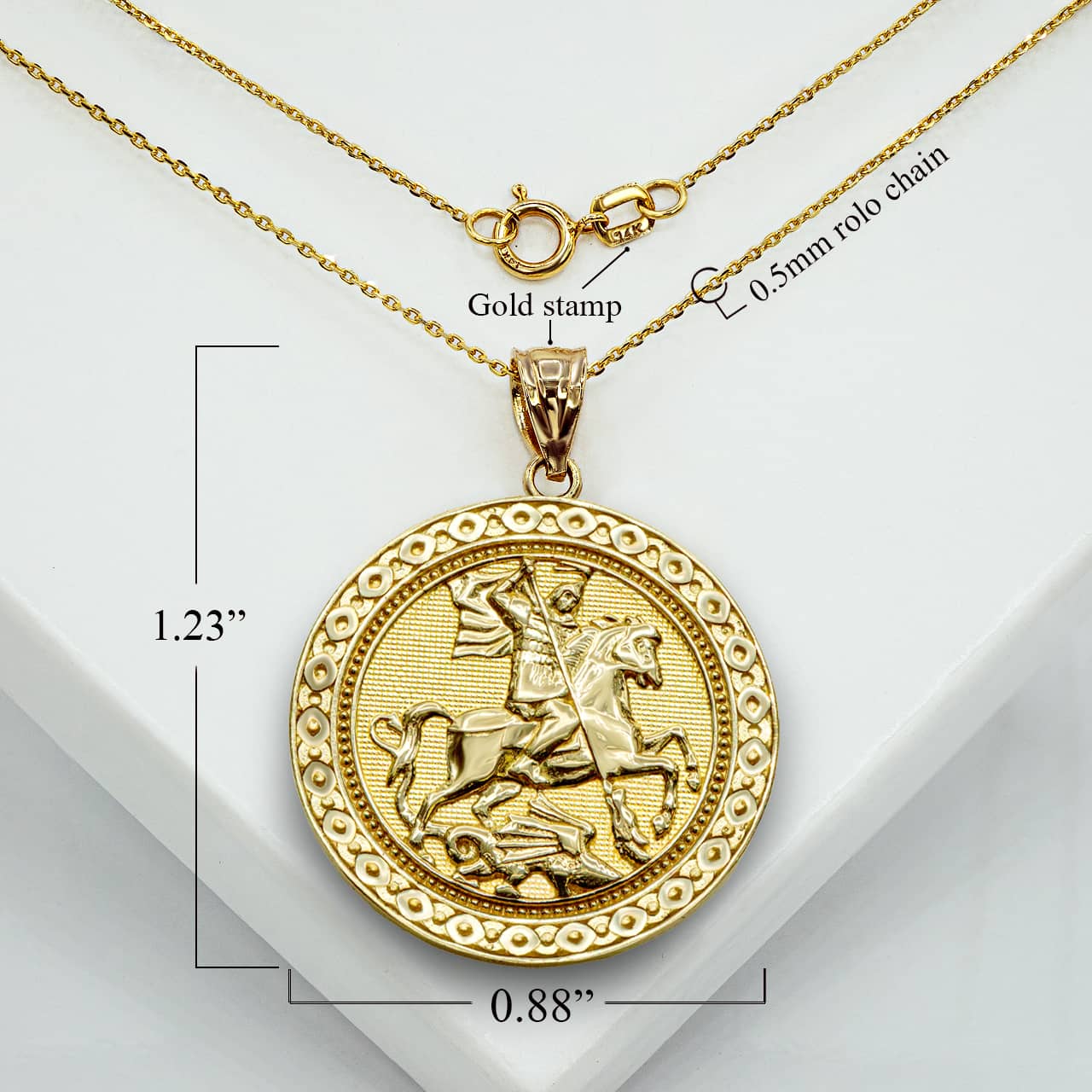 Gold Saint George Dragon Hunter 3D Charm Necklace, view 3