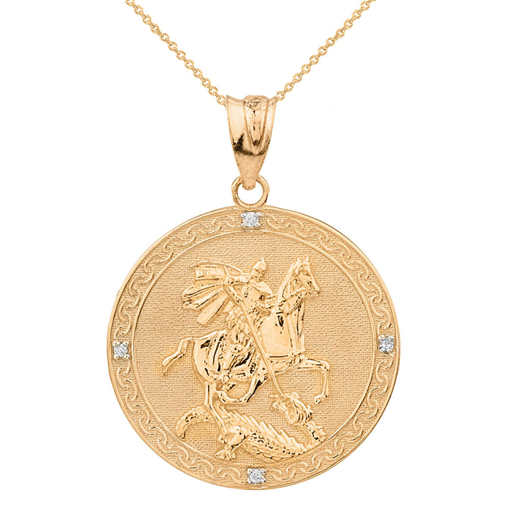Gold Saint George Engravable Diamond Medallion Pendant Necklace (Large)
