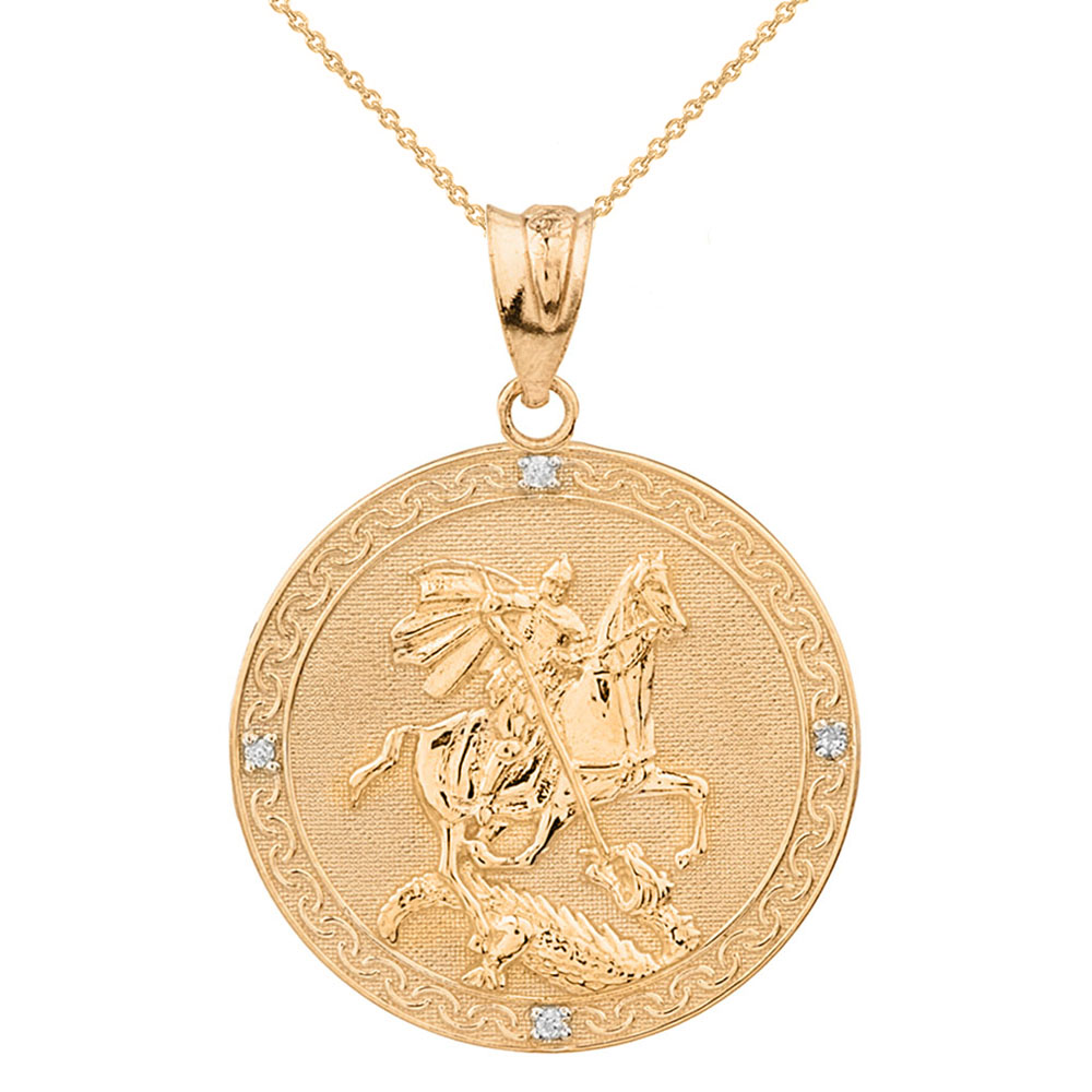 Gold Saint George Engravable Diamond Medallion Pendant Necklace (Large)