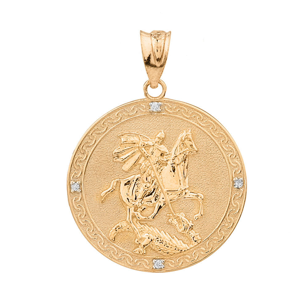 Gold Saint George Engravable Diamond Medallion Pendant Necklace (Large), view 6
