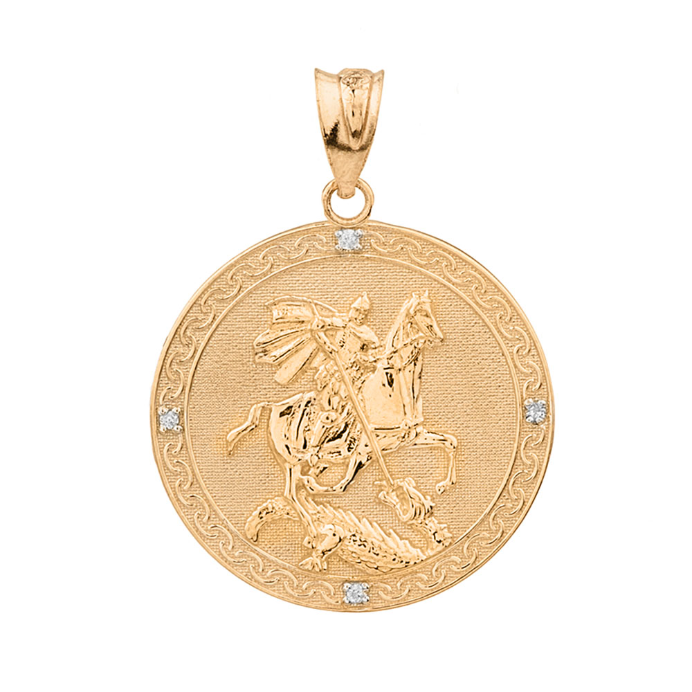 Gold Saint George Engravable Diamond Medallion Pendant Necklace (Large), view 6