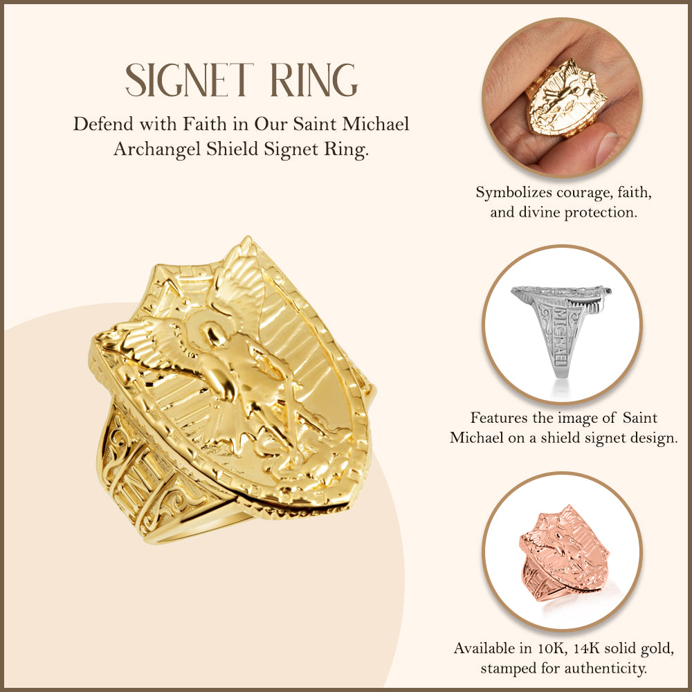 Gold Saint Michael Archangel Shield Signet Ring, view 3