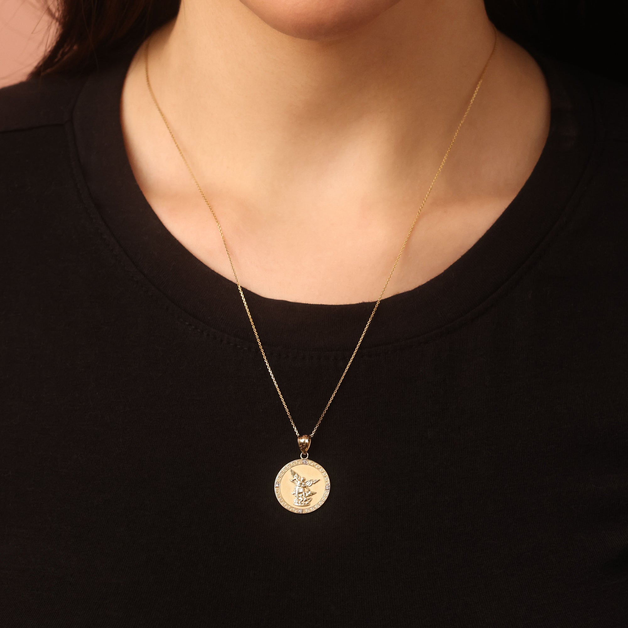 Gold Saint Michael Pendant Necklace with Diamonds, view 2