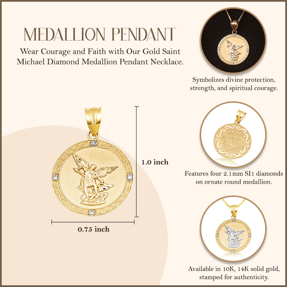 Gold Saint Michael Pendant Necklace with Diamonds, view 4