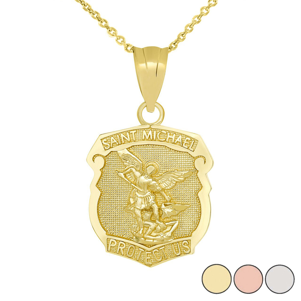 Gold Saint Michael Protect Us Shield Pendant Necklace