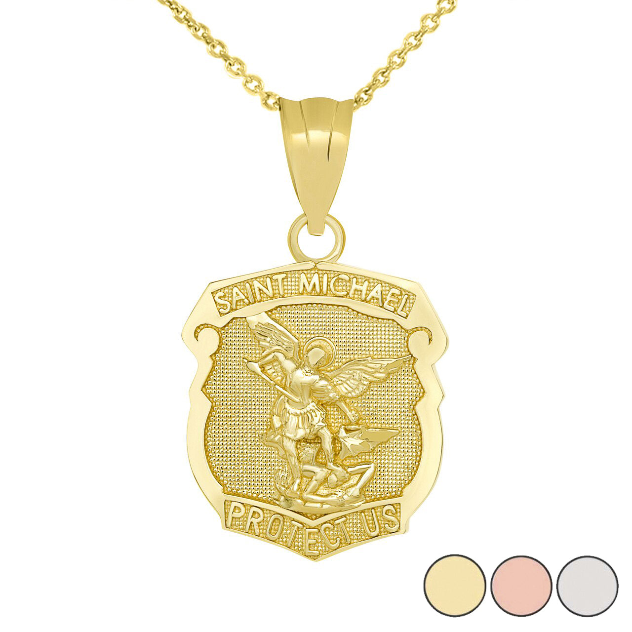 Gold Saint Michael Protect Us Shield Pendant Necklace