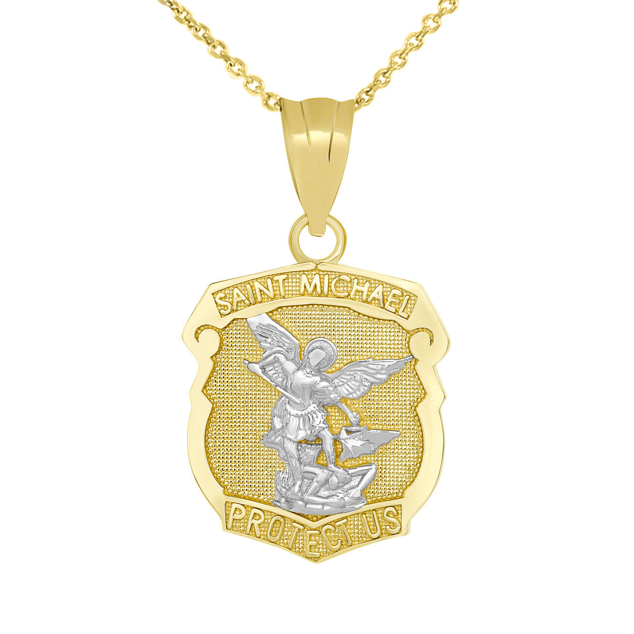 Gold Saint Michael Protect Us Shield Pendant Necklace, view 10