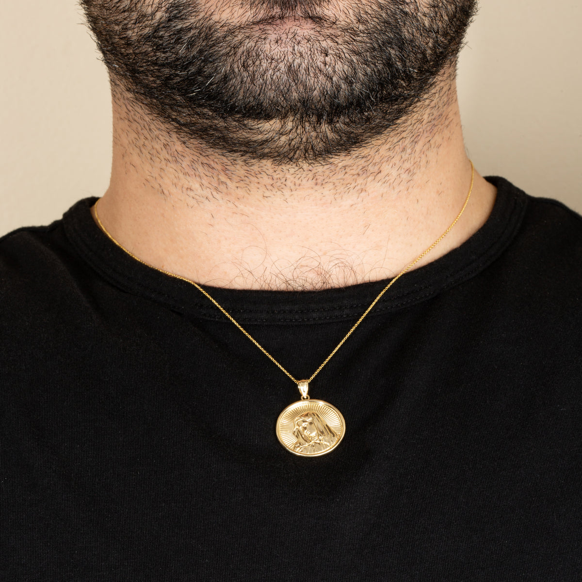 Gold Saint Mother Virgin Mary Medallion Pendant Necklace, view 2
