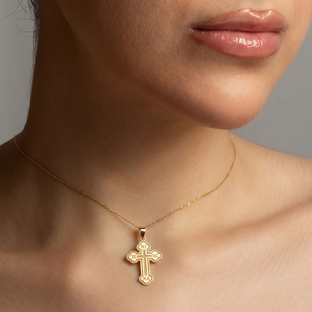 Gold Saint Nicholas Greek Orthodox Russian Cross Pendant Necklace, view 2