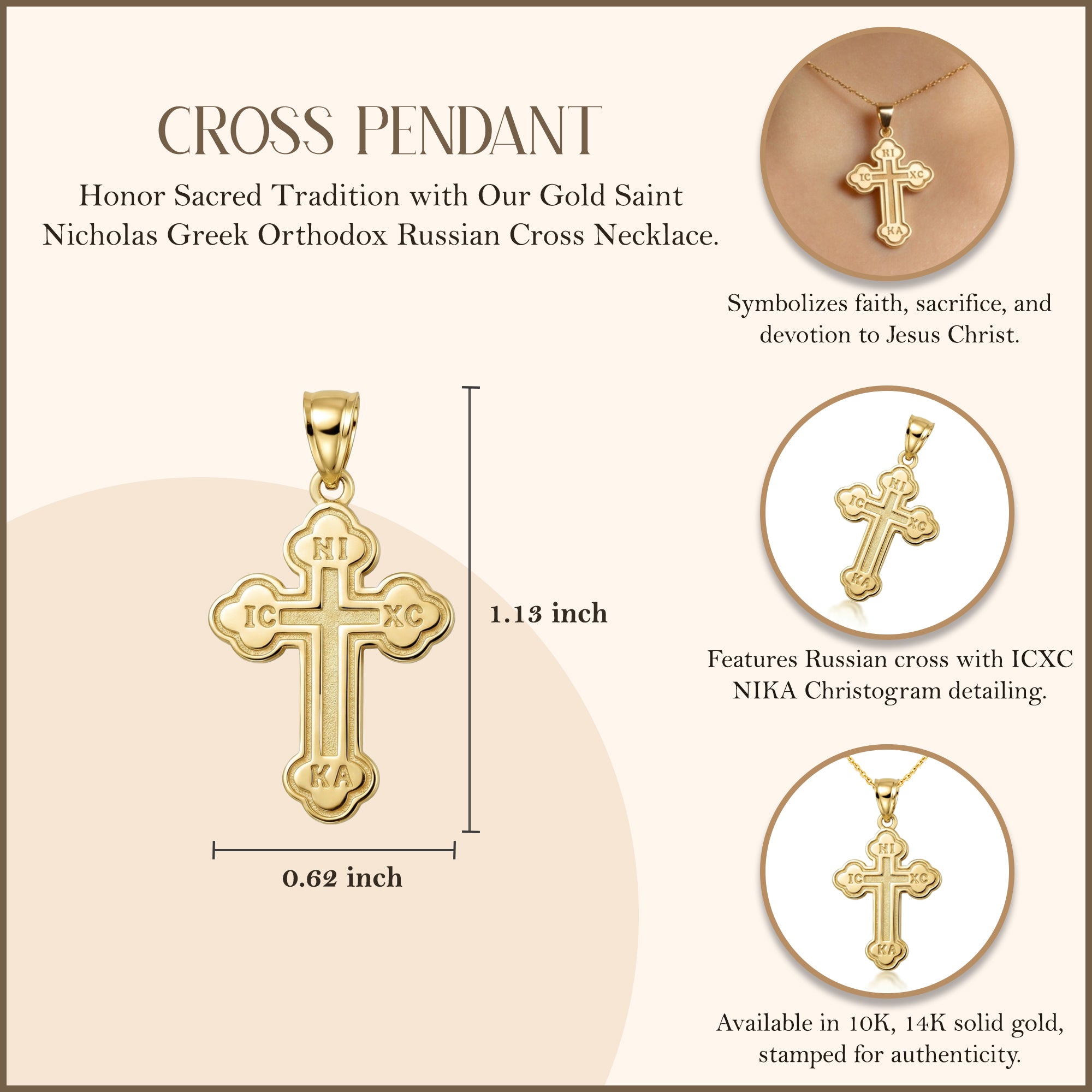 Gold Saint Nicholas Greek Orthodox Russian Cross Pendant Necklace, view 4