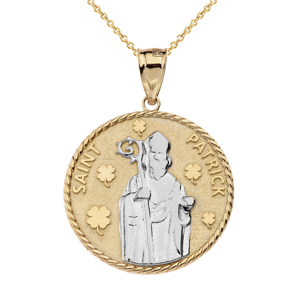 Gold Saint Patrick Clovers Medallion Pendant Necklace, view 10