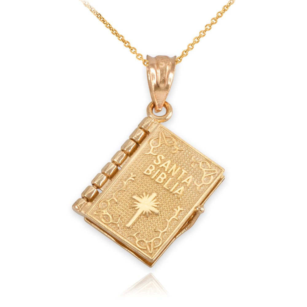 Gold Santa Biblia Spanish Open Holy Bible Pendant Necklace