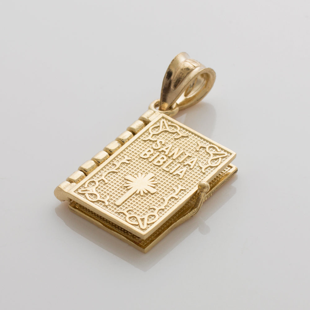 Gold Santa Biblia Spanish Open Holy Bible Pendant Necklace, view 2