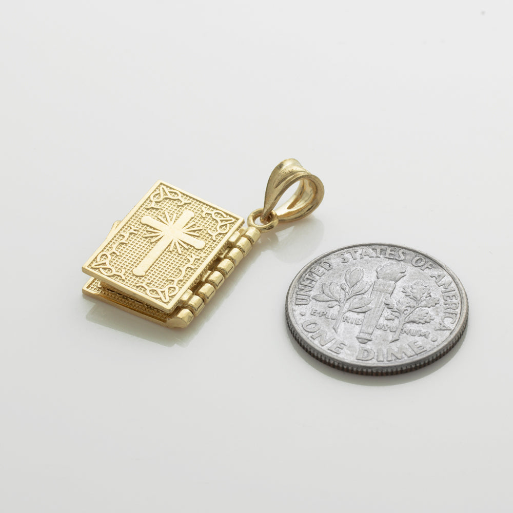 Gold Santa Biblia Spanish Open Holy Bible Pendant Necklace, view 3