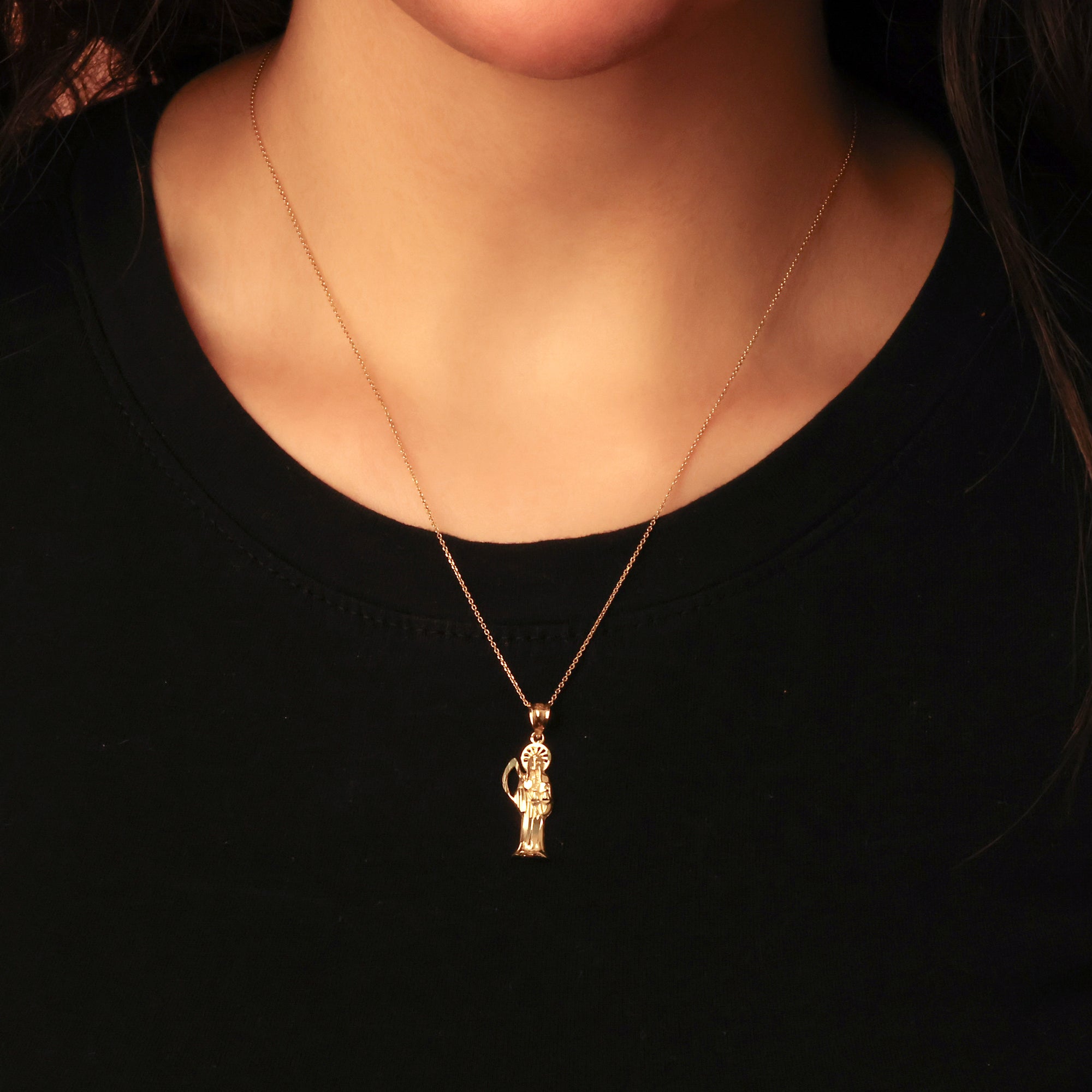 Gold Santa Muerte Catholic Necklace, view 2