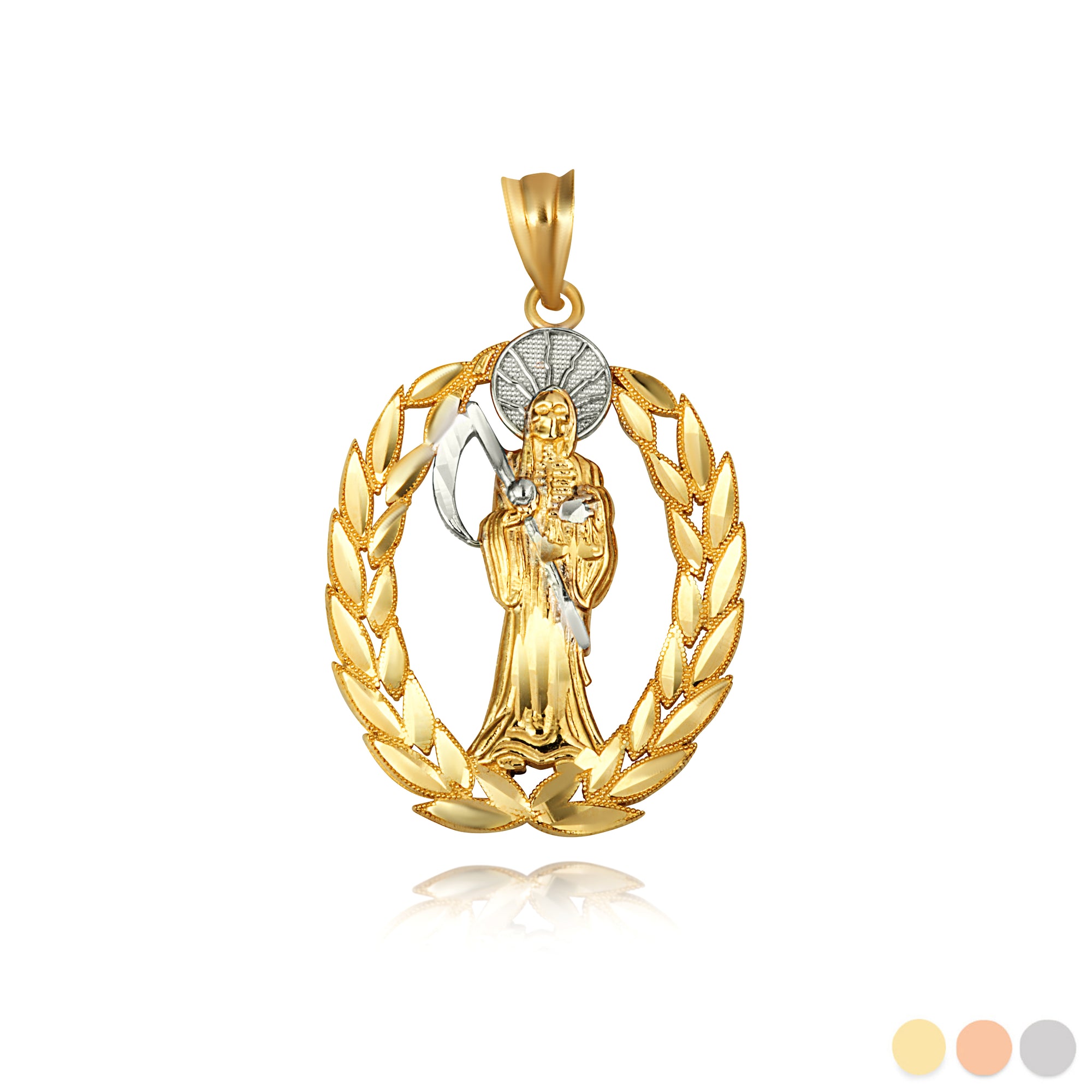 Gold Santa Muerte Greek Laurel Wreath Frame Pendant Necklace