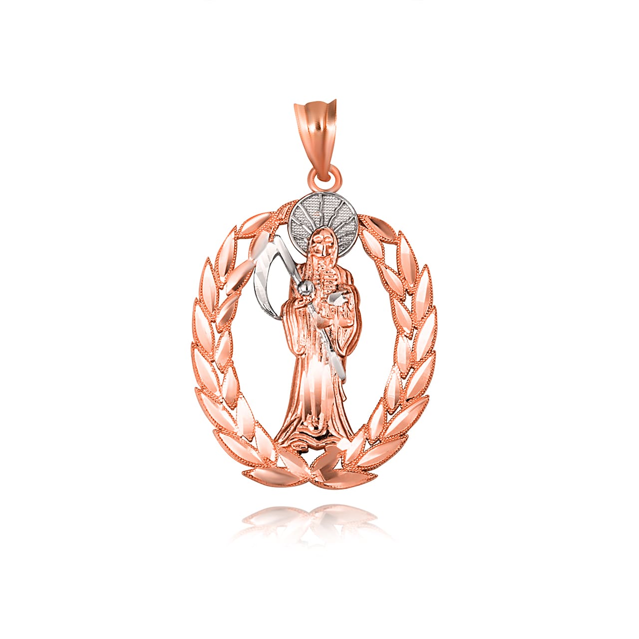 Gold Santa Muerte Greek Laurel Wreath Frame Pendant Necklace, view 4