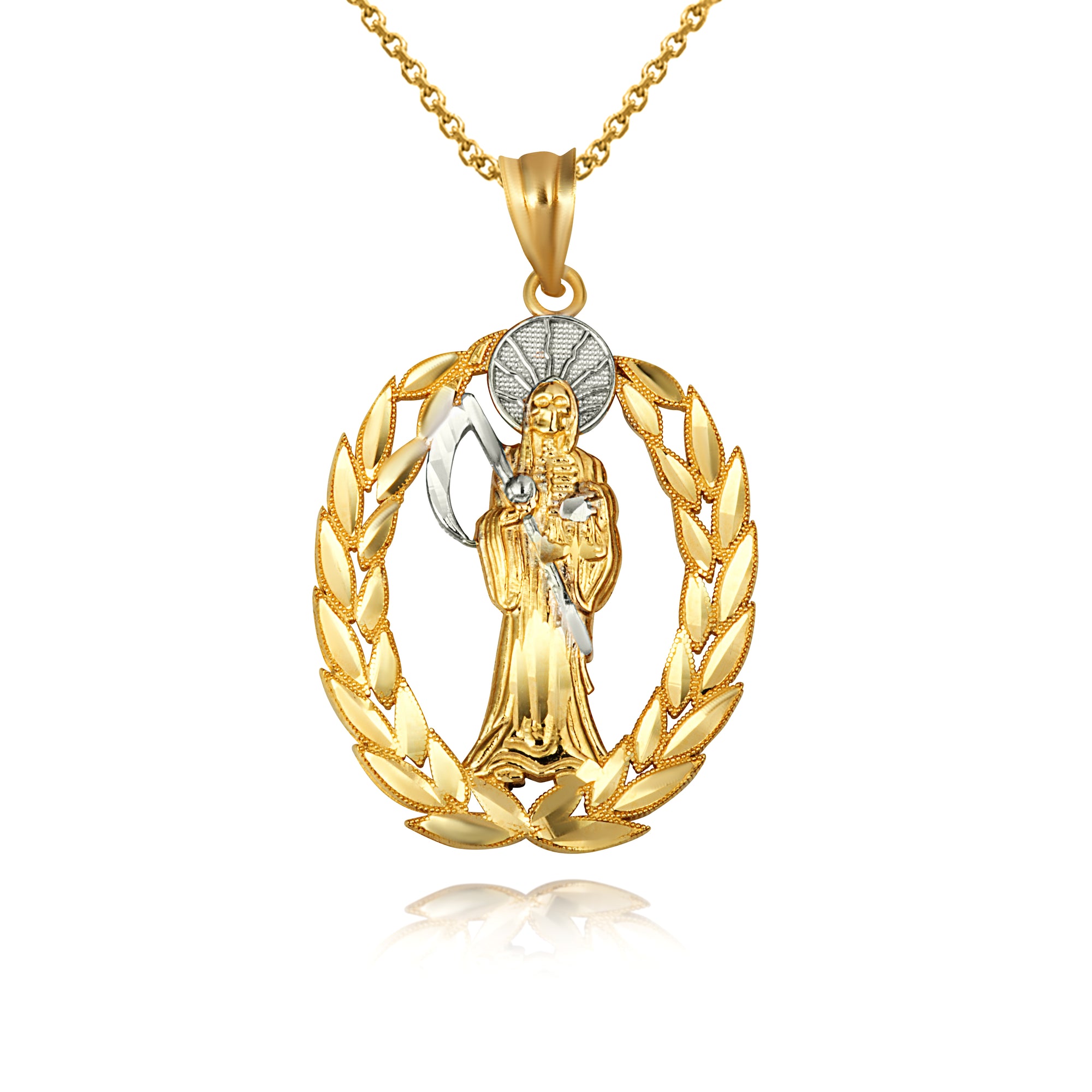 Gold Santa Muerte Greek Laurel Wreath Frame Pendant Necklace, view 6