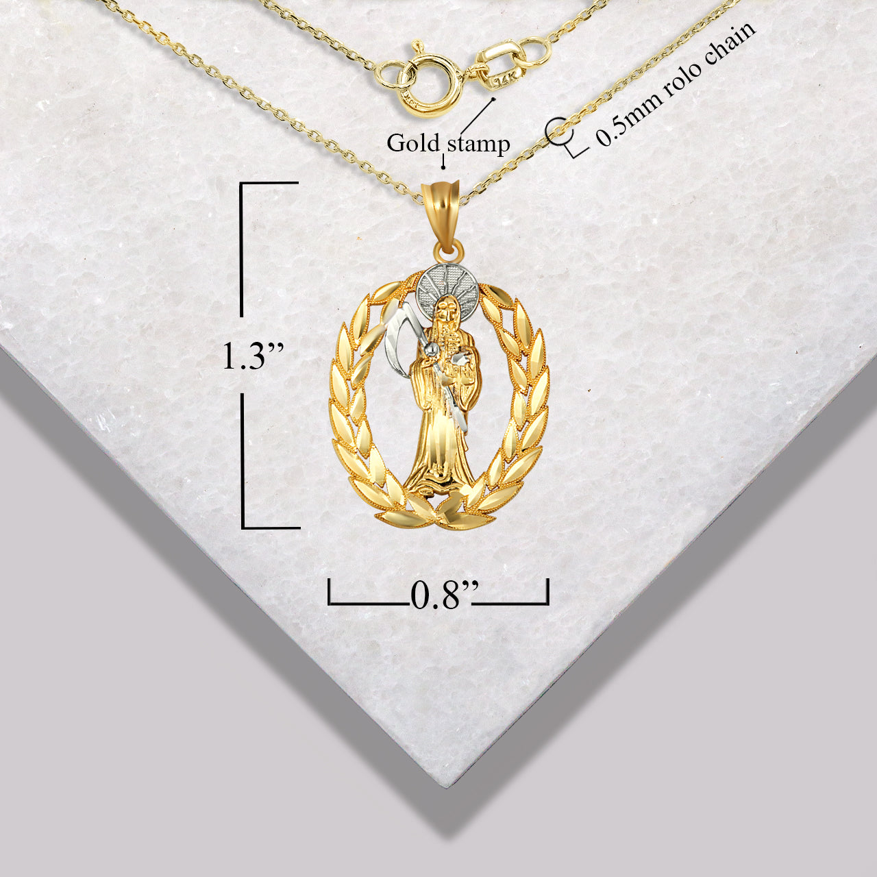 Gold Santa Muerte Greek Laurel Wreath Frame Pendant Necklace, view 7