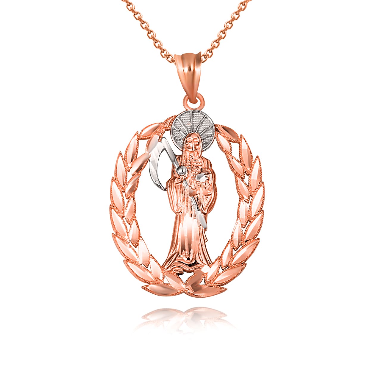 Gold Santa Muerte Greek Laurel Wreath Frame Pendant Necklace, view 8