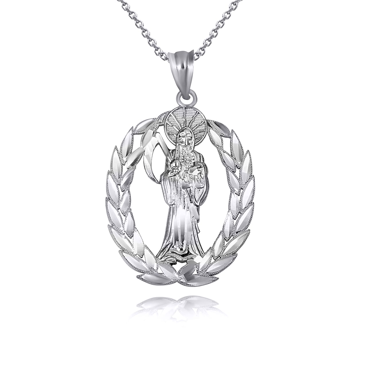 Gold Santa Muerte Greek Laurel Wreath Frame Pendant Necklace, view 9