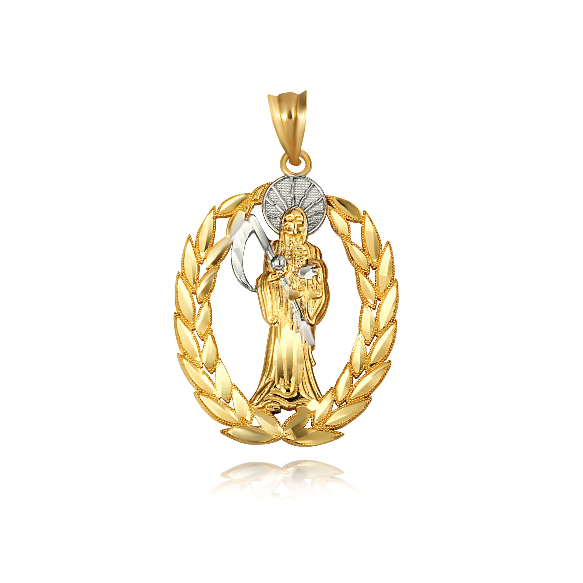 Gold Santa Muerte Greek Laurel Wreath Frame Pendant Necklace, view 10