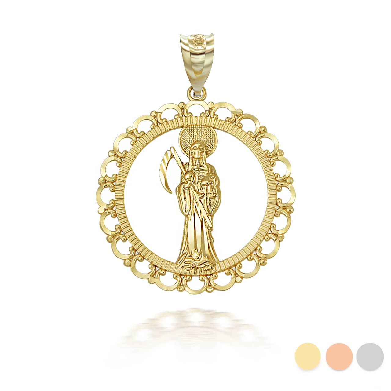 Gold Santa Muerte Patron Saint of Death, Protection, and Healing Openwork Pendant Necklace S,M,L