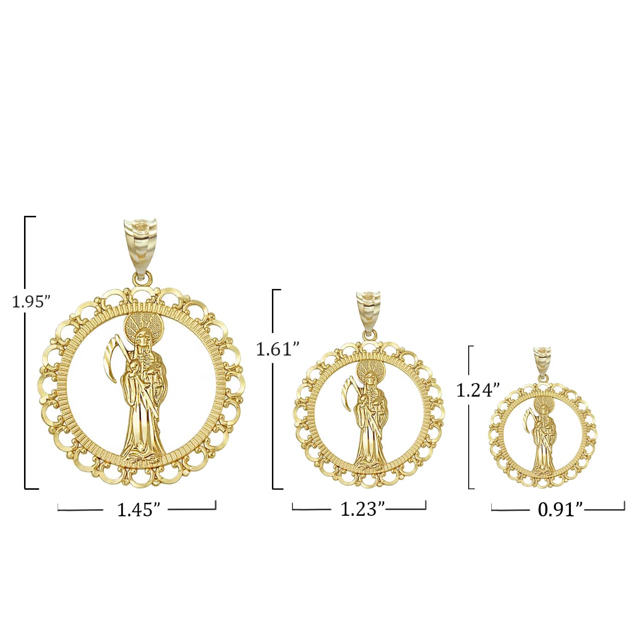 Gold Santa Muerte Patron Saint of Death, Protection, and Healing Openwork Pendant Necklace S,M,L, view 4