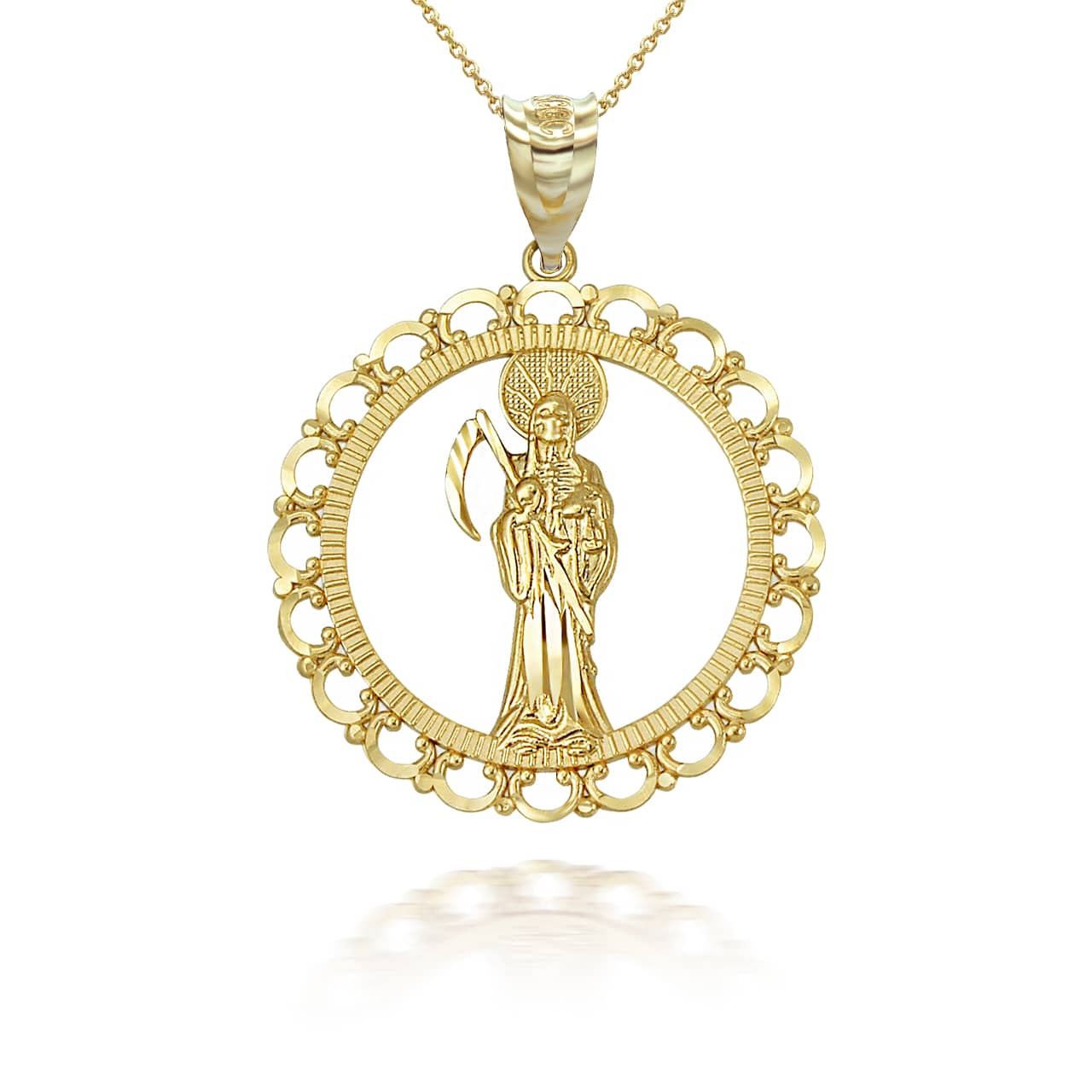 Gold Santa Muerte Patron Saint of Death, Protection, and Healing Openwork Pendant Necklace S,M,L, view 5