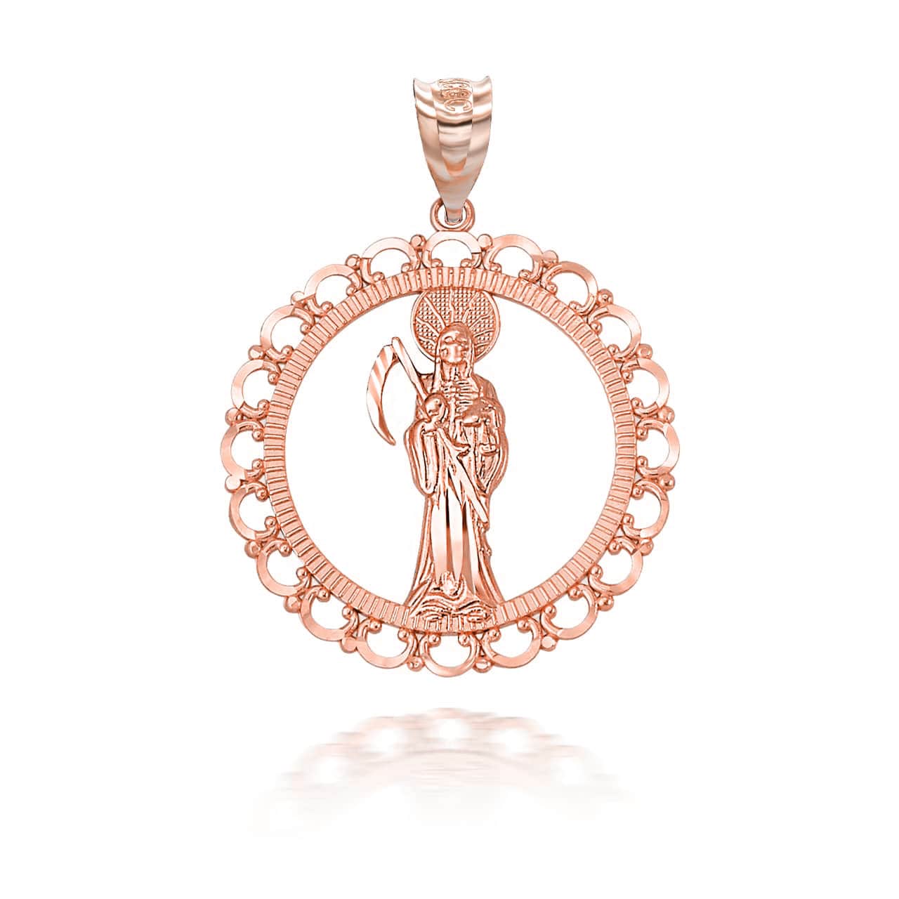 Gold Santa Muerte Patron Saint of Death, Protection, and Healing Openwork Pendant Necklace S,M,L, view 6