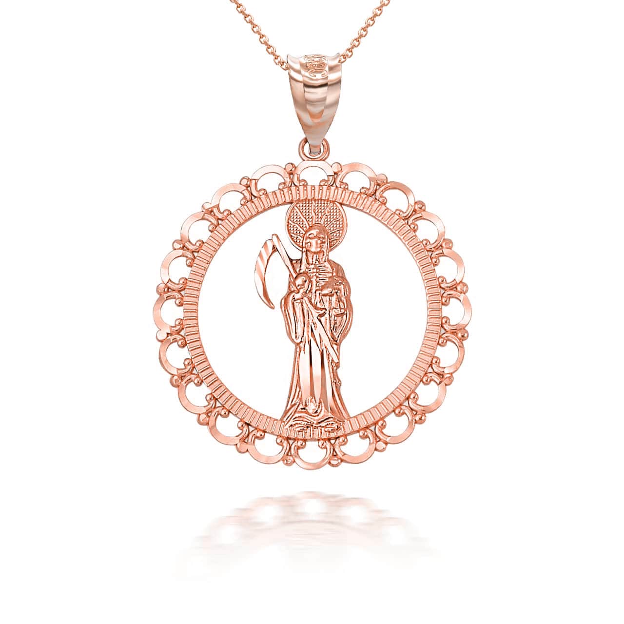 Gold Santa Muerte Patron Saint of Death, Protection, and Healing Openwork Pendant Necklace S,M,L, view 7