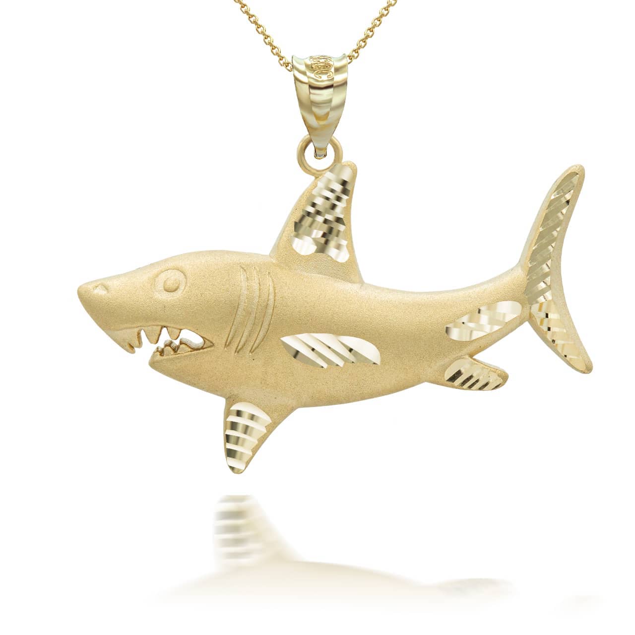 Gold Satin Finish Shark Diamond Cut Pendant Necklace, view 2