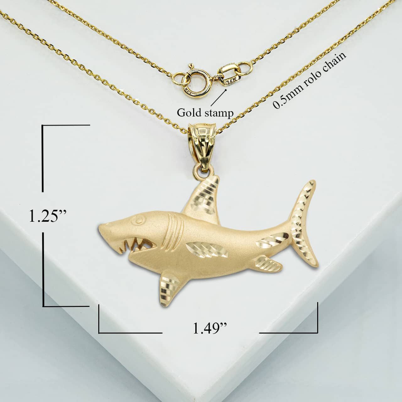 Gold Satin Finish Shark Diamond Cut Pendant Necklace, view 3