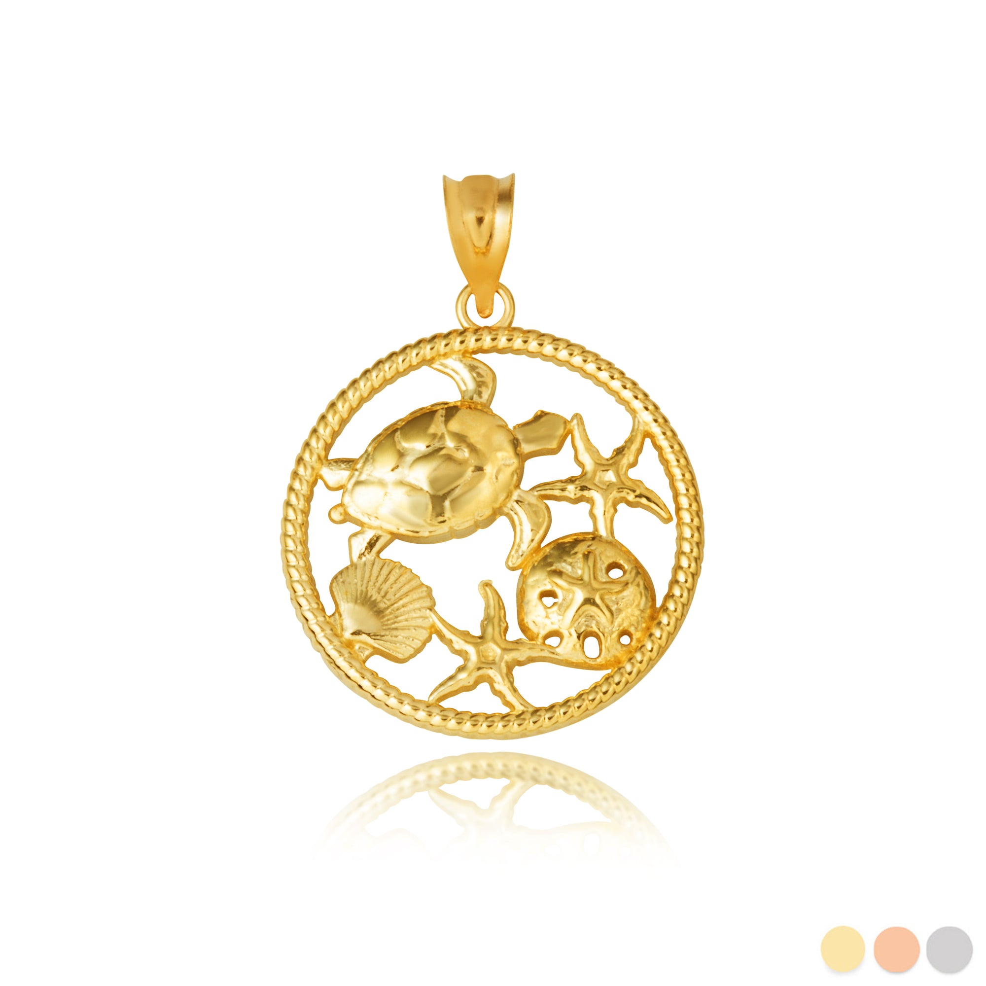 Gold Sea Shell Turtle & Starfish Marine Life Rope Pendant Necklace
