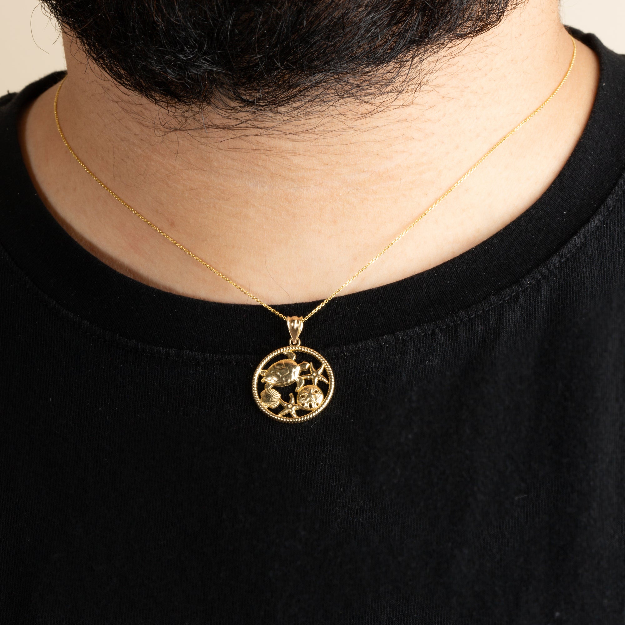 Gold Sea Shell Turtle & Starfish Marine Life Rope Pendant Necklace, view 2