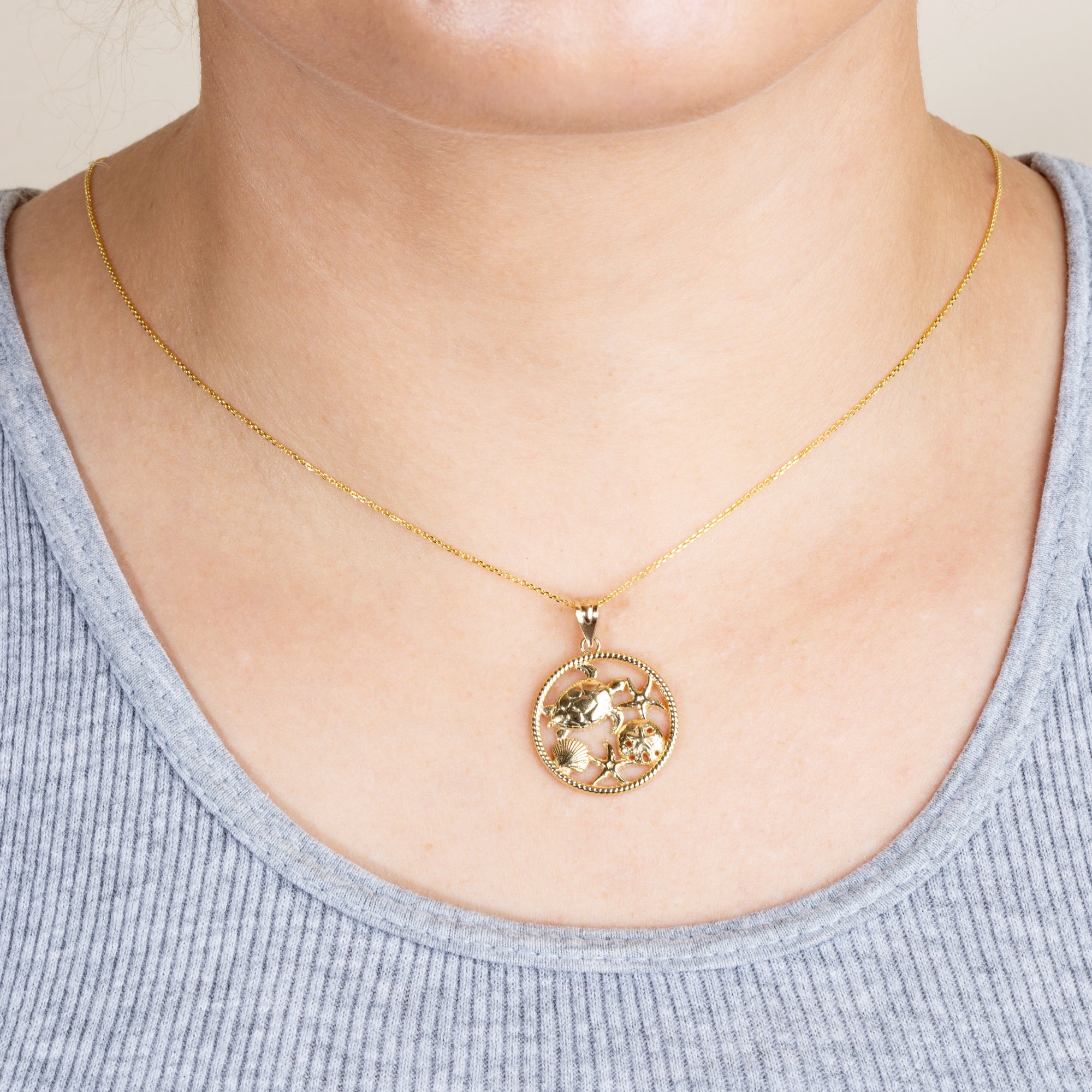 Gold Sea Shell Turtle & Starfish Marine Life Rope Pendant Necklace, view 3