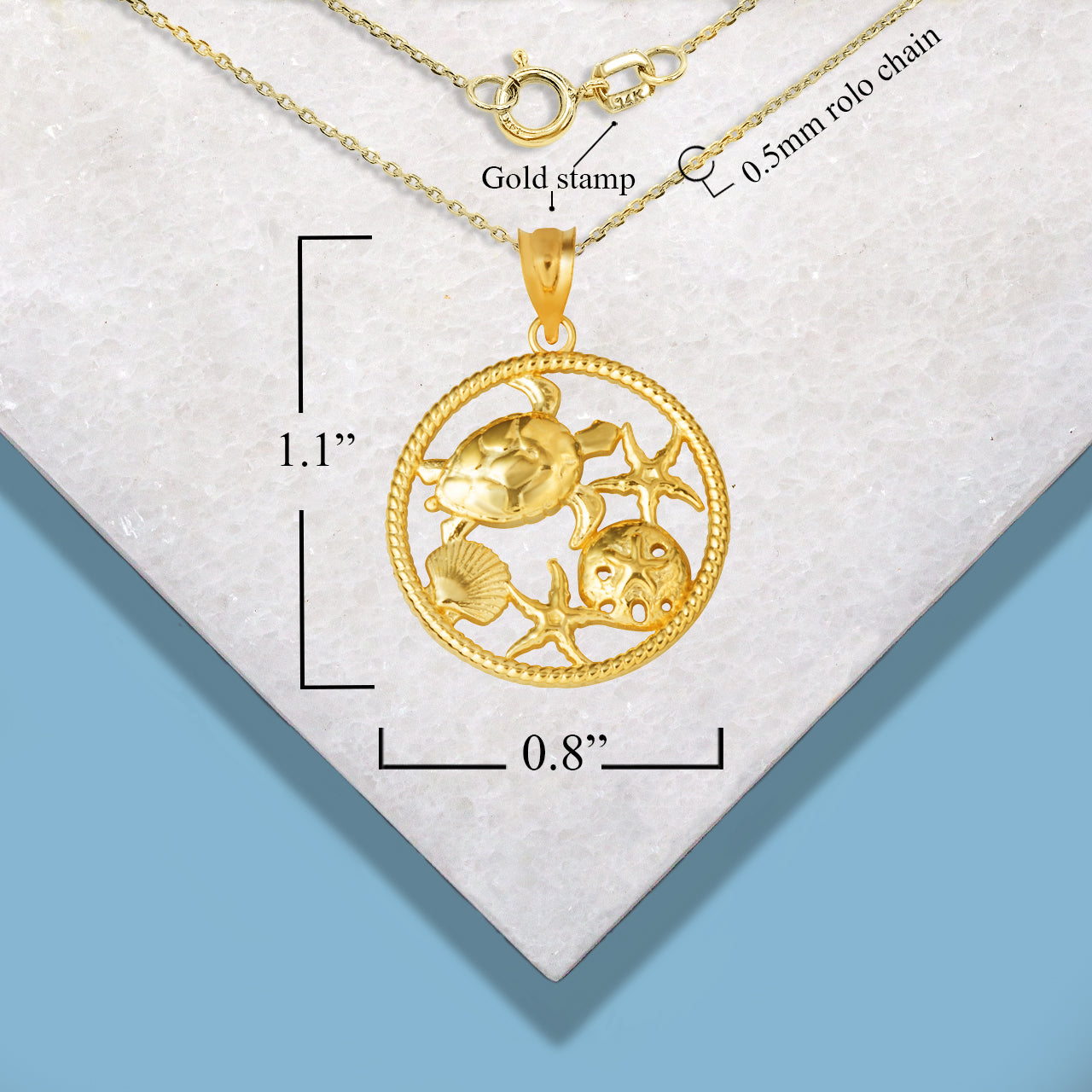 Gold Sea Shell Turtle & Starfish Marine Life Rope Pendant Necklace, view 5