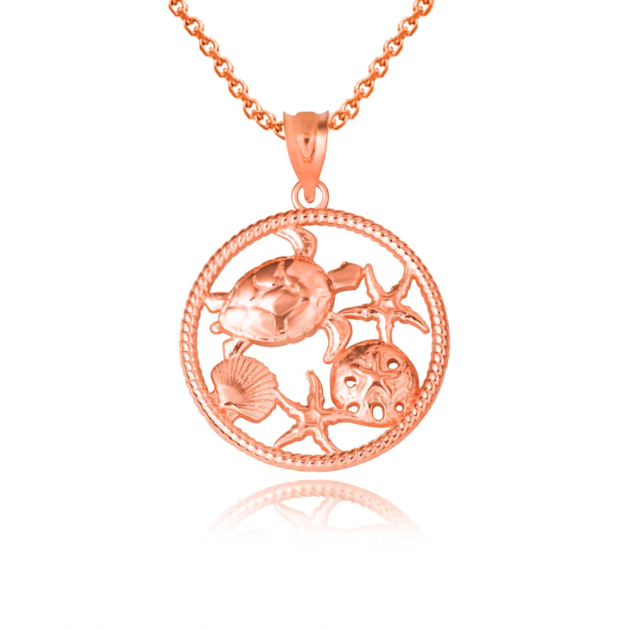 Gold Sea Shell Turtle & Starfish Marine Life Rope Pendant Necklace, view 9