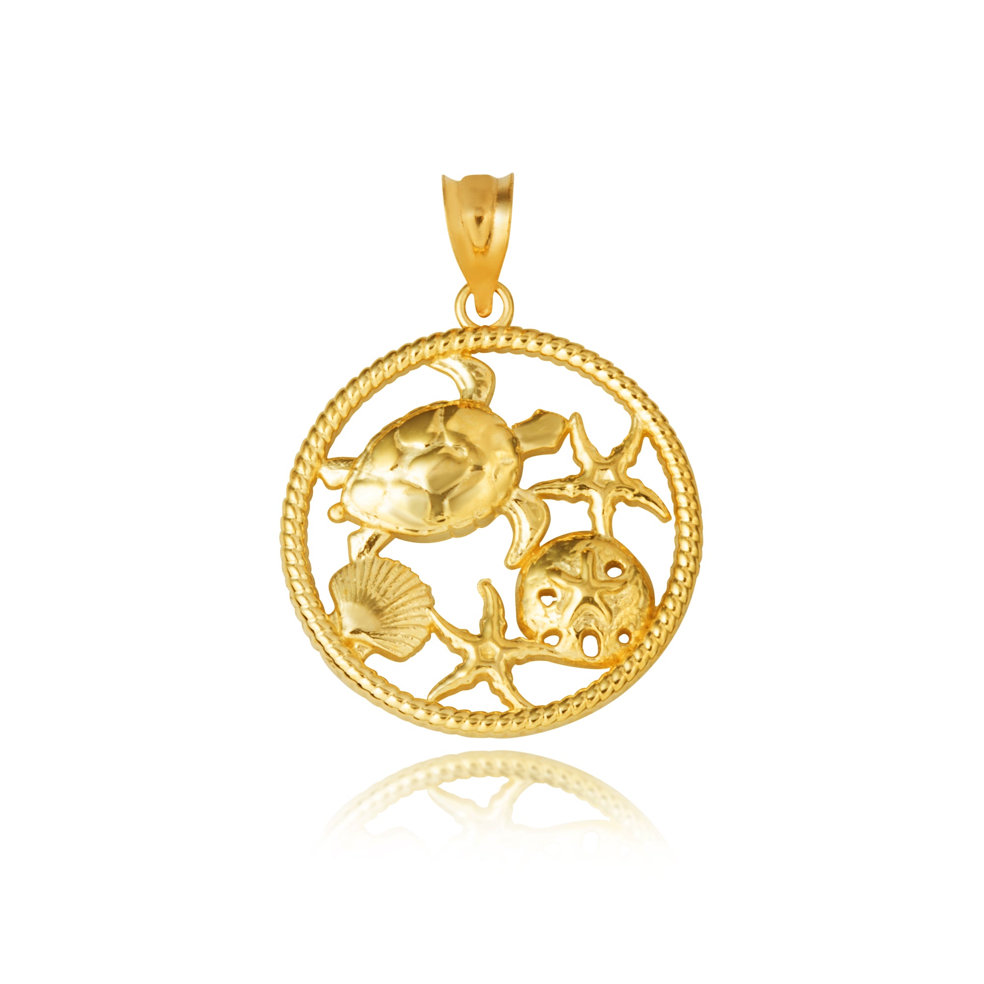 Gold Sea Shell Turtle & Starfish Marine Life Rope Pendant Necklace, view 10