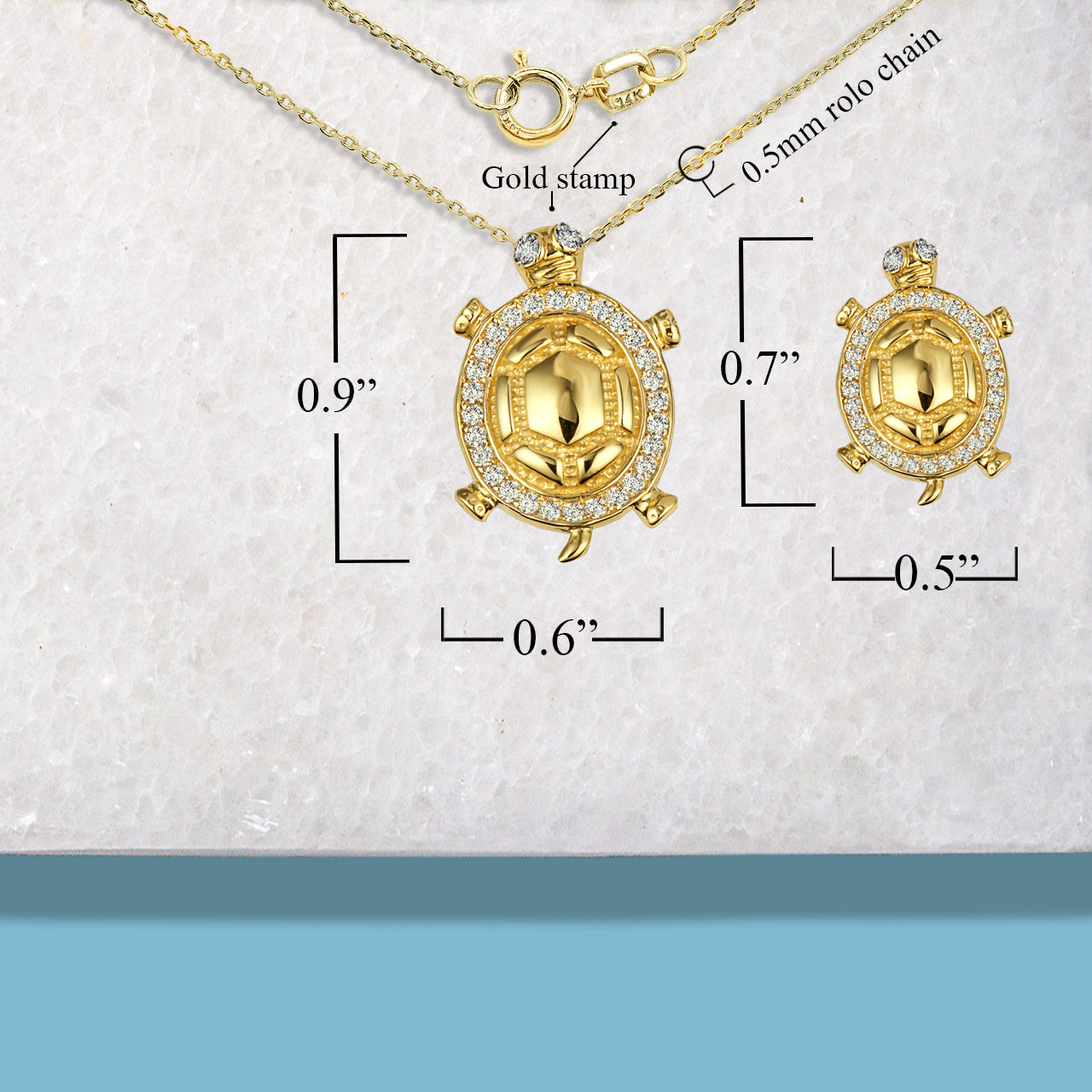 Gold Sea Turtle Cubic Zirconia Studded Pendant Necklace, view 3