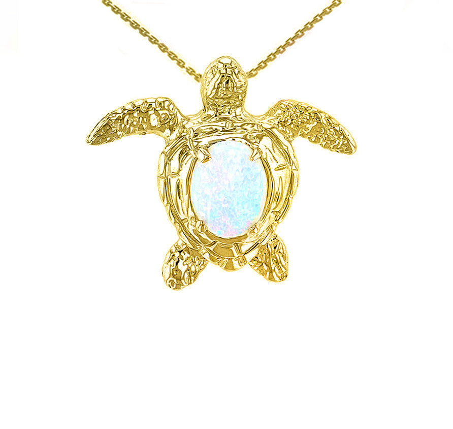 Gold Sea Turtle with Simulated Opal Shell Pendant
