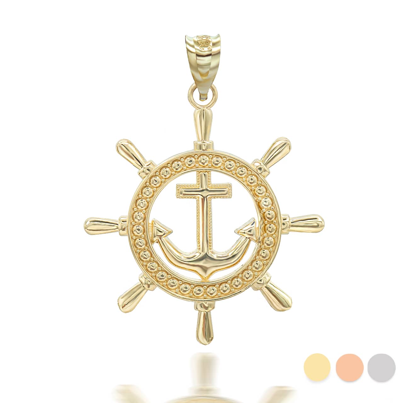 Gold Ship's Wheel Anchor Nautical in Solid Pendant/Necklace